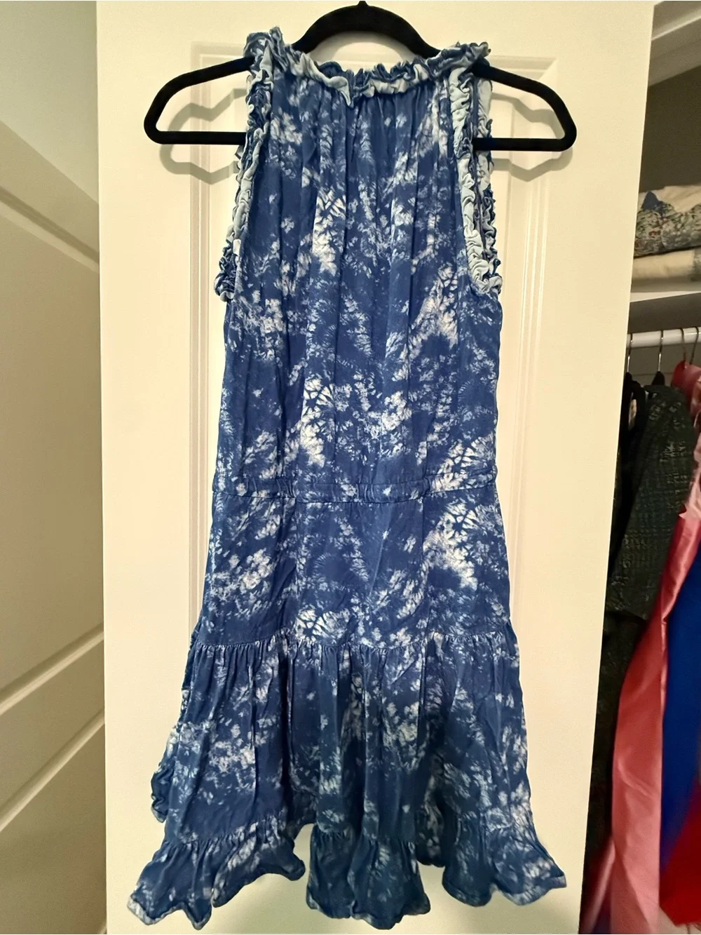 sundays Blue Tie-Dye V-Neck Tassel Mini Dress